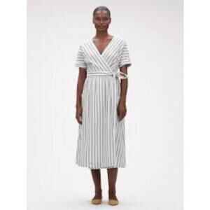 GAP Cotton Linen Blend Short Sleeve Wrap-Front Blue Stripe Dress Women's Size 16
